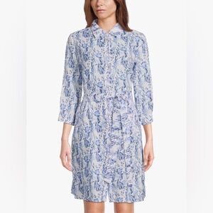 120% Lino Blue White Linen Floral Mini Dress